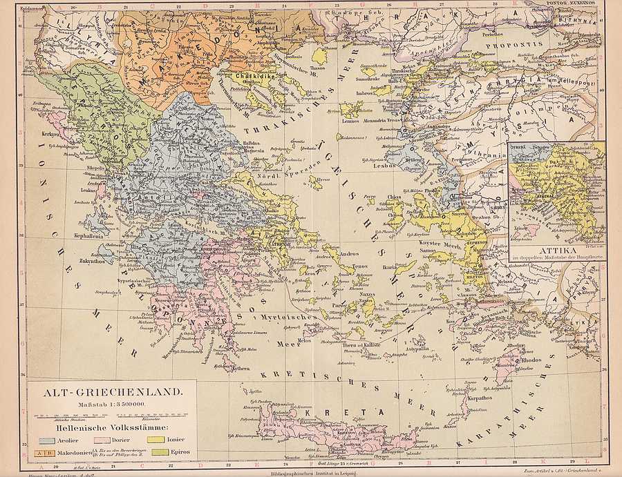 ALT-GRIECHENLAND Attika Greece alte LANDKARTE von 1888 Kykladen Thessalia